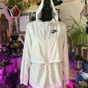 Nike White Windbreaker with Hood and Drawstring Waist